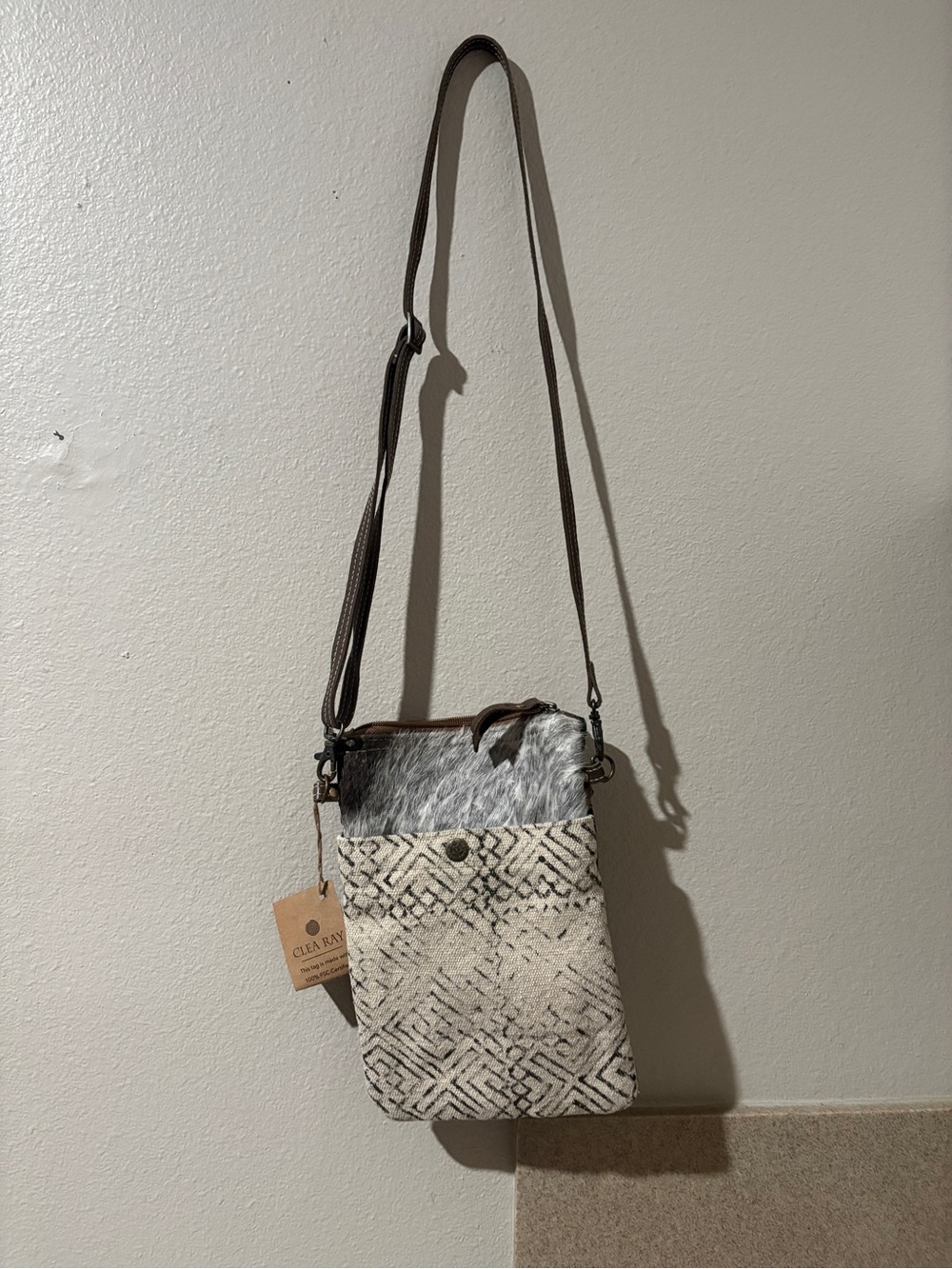 Neutral Patterned Crossbody Bag with Gray Hair-On Accent